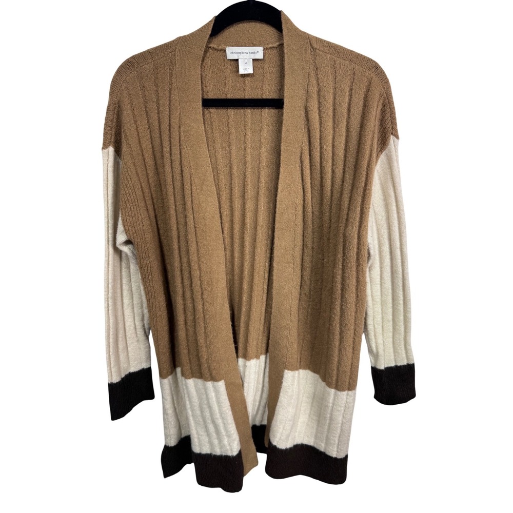 Christopher & Banks Cardigan Women Medium Brown Colorblock Ribbed Open Front